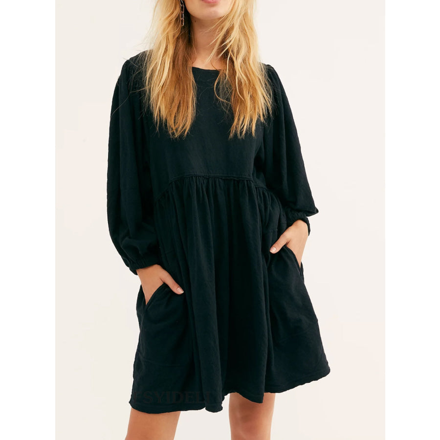 Cutout Textured Long Sleeve Mini Dress Black / S Apparel and Accessories