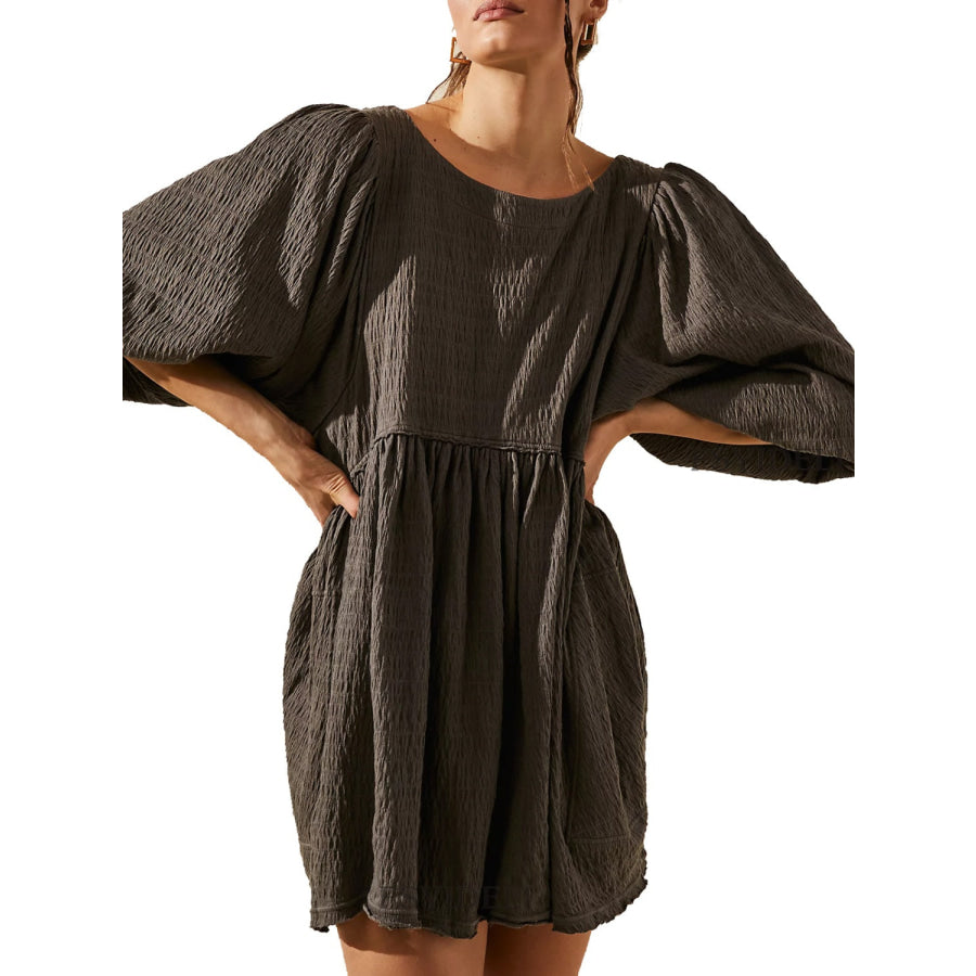 Cutout Textured Long Sleeve Mini Dress Chocolate / S Apparel and Accessories