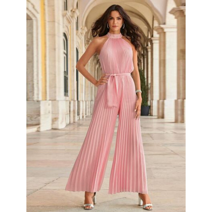 Cutout Tied Pleated Sleeveless Jumpsuit Blush Pink / S Apparel and Accessories