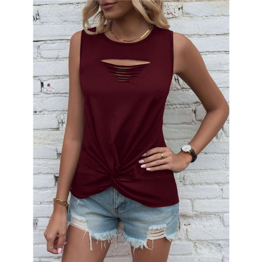 Cutout Twisted Round Neck Tank Burgundy / S Apparel and Accessories