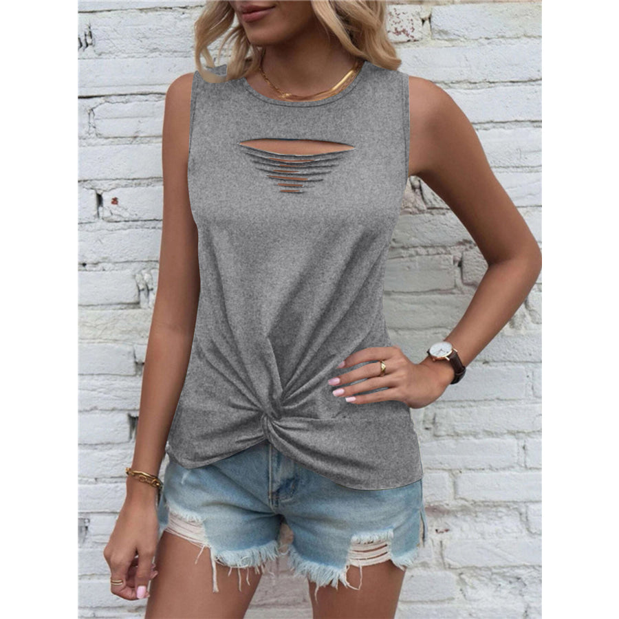 Cutout Twisted Round Neck Tank Dark Gray / S Apparel and Accessories