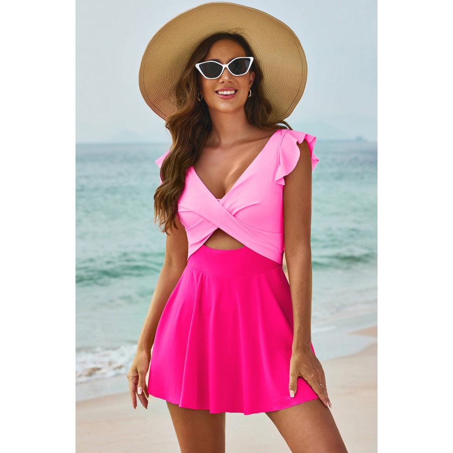 Cutout V - Neck Cap Sleeve One - Piece Swimwear Apparel and Accessories