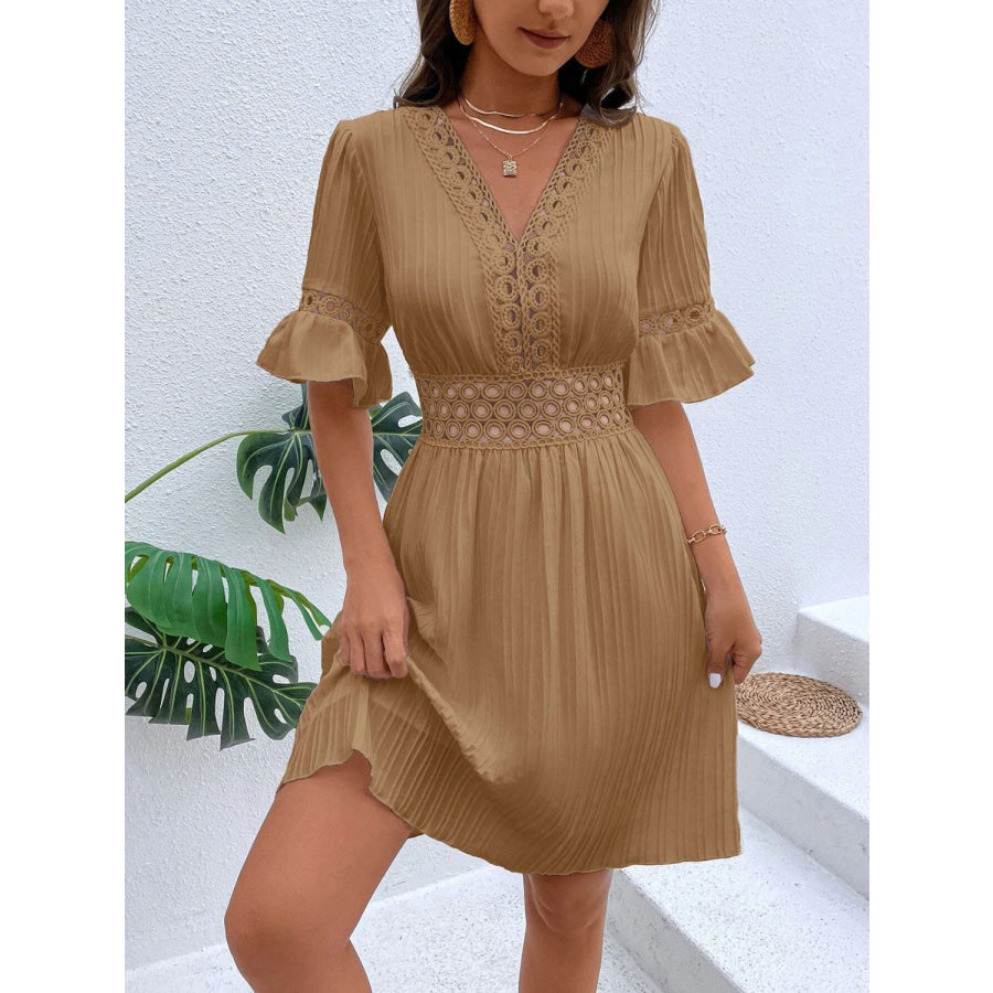 Cutout V-Neck Flounce Sleeve Mini Dress Camel / S Apparel and Accessories