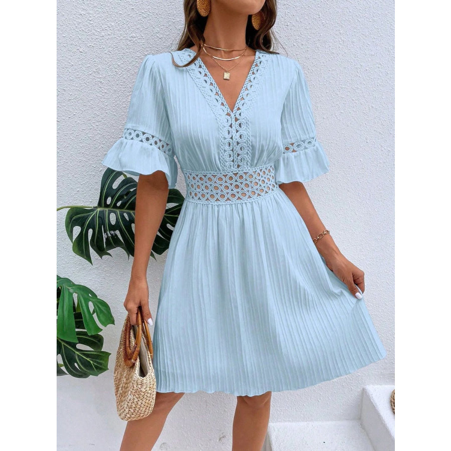 Cutout V-Neck Flounce Sleeve Mini Dress Light Blue / S Apparel and Accessories