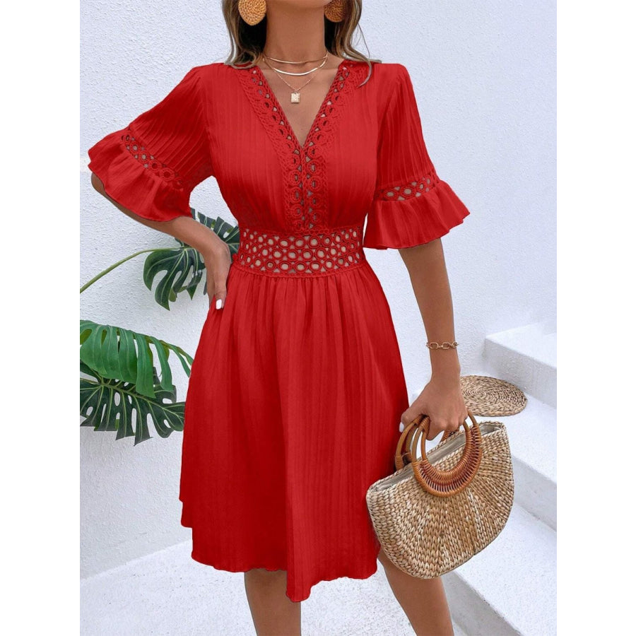 Cutout V-Neck Flounce Sleeve Mini Dress Scarlet / S Apparel and Accessories