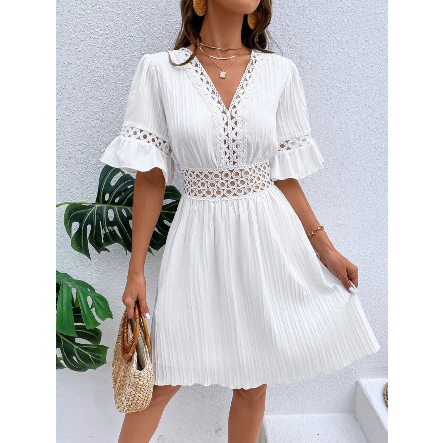 Cutout V-Neck Flounce Sleeve Mini Dress White / S Apparel and Accessories