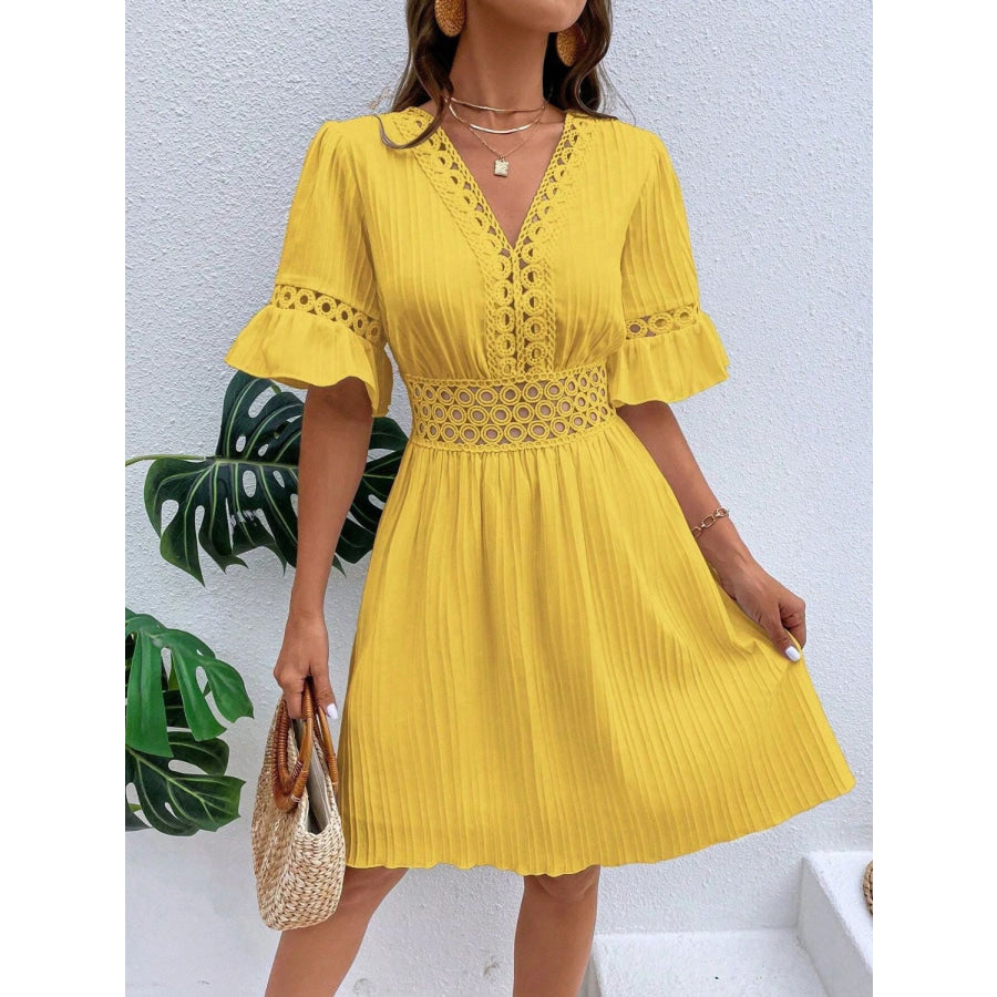 Cutout V-Neck Flounce Sleeve Mini Dress Yellow / S Apparel and Accessories