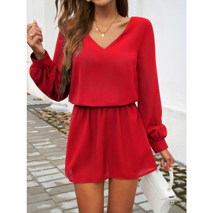 Cutout V-Neck Long Sleeve Mini Dress Apparel and Accessories