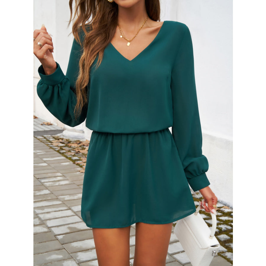 Cutout V-Neck Long Sleeve Mini Dress Black Forest / S Apparel and Accessories