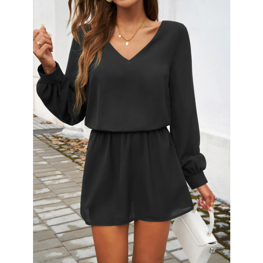 Cutout V-Neck Long Sleeve Mini Dress Black / S Apparel and Accessories