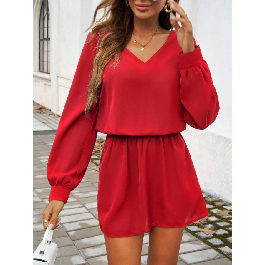 Cutout V-Neck Long Sleeve Mini Dress Deep Red / S Apparel and Accessories