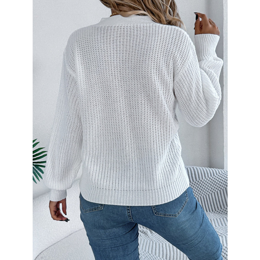 Cutout V-Neck Long Sleeve Sweater White / S Apparel and Accessories