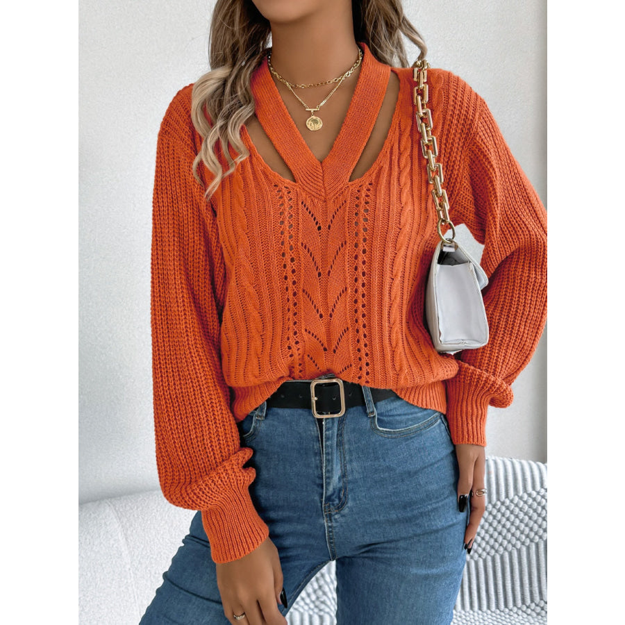 Cutout V-Neck Long Sleeve Sweater Apparel and Accessories