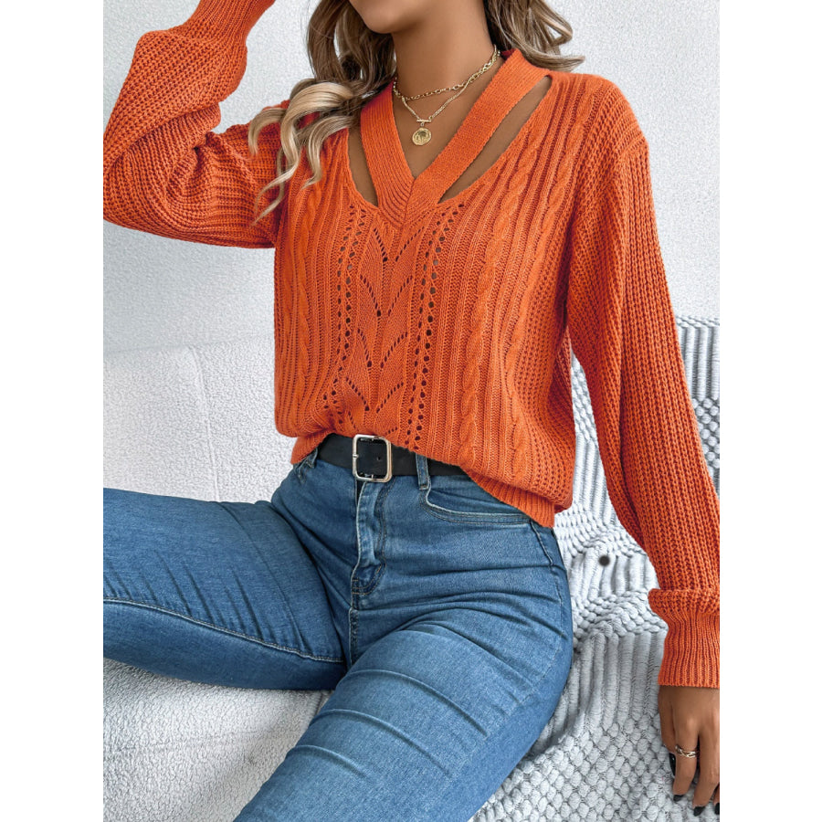 Cutout V-Neck Long Sleeve Sweater Apparel and Accessories