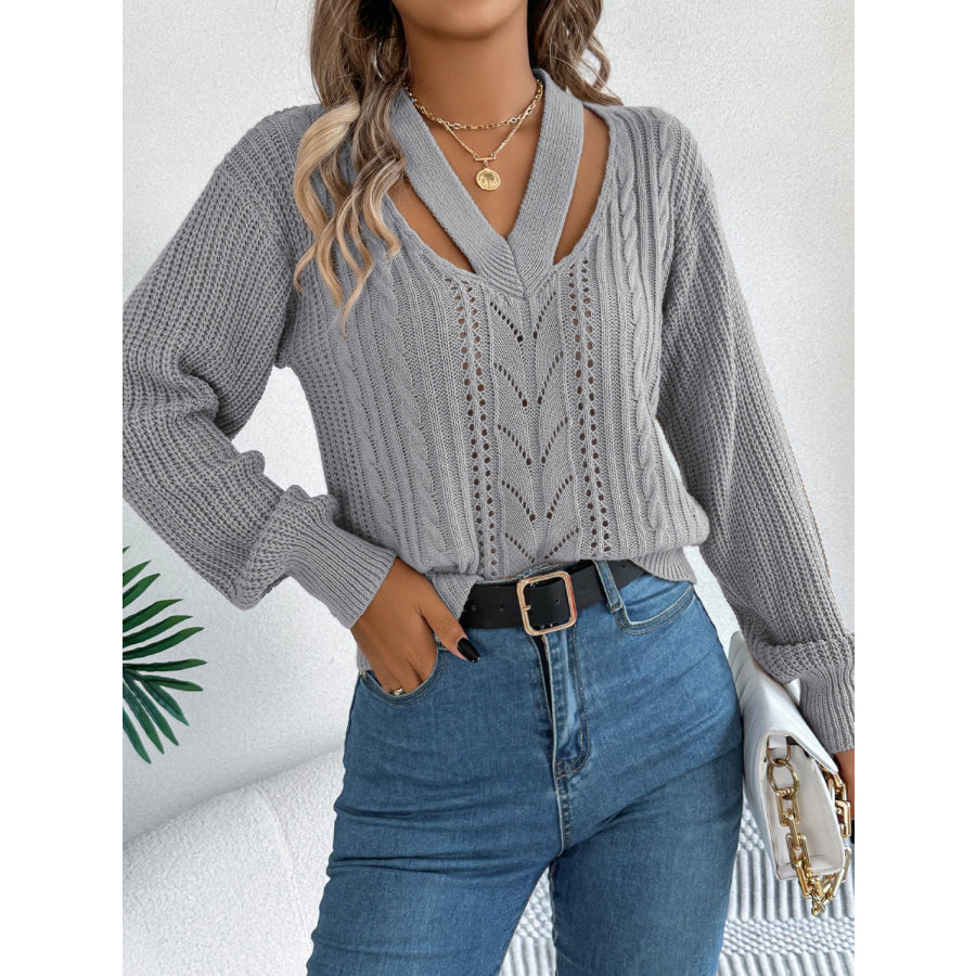 Cutout V-Neck Long Sleeve Sweater Apparel and Accessories