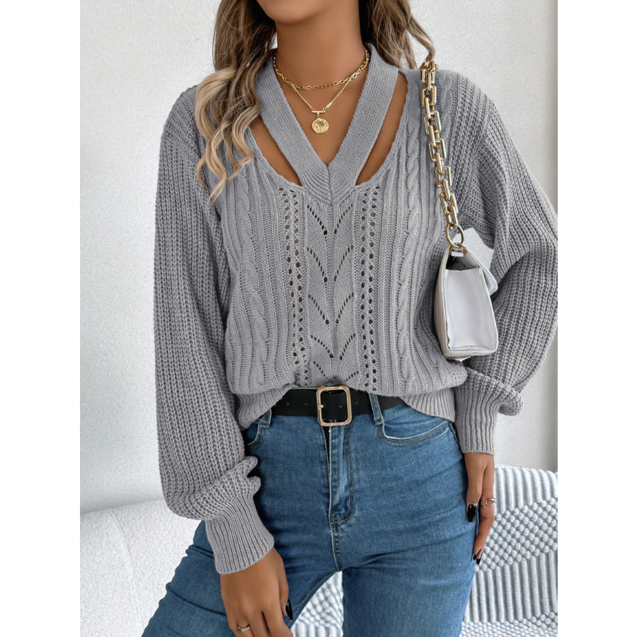 Cutout V-Neck Long Sleeve Sweater Apparel and Accessories