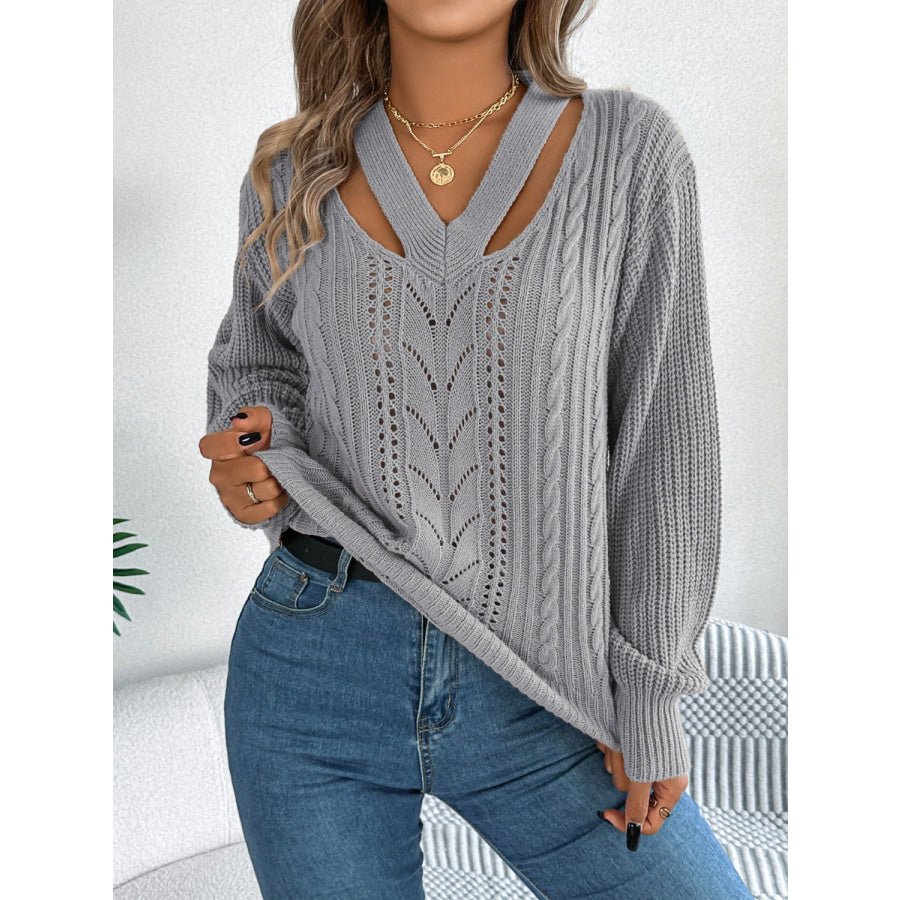 Cutout V-Neck Long Sleeve Sweater Gray / S Apparel and Accessories