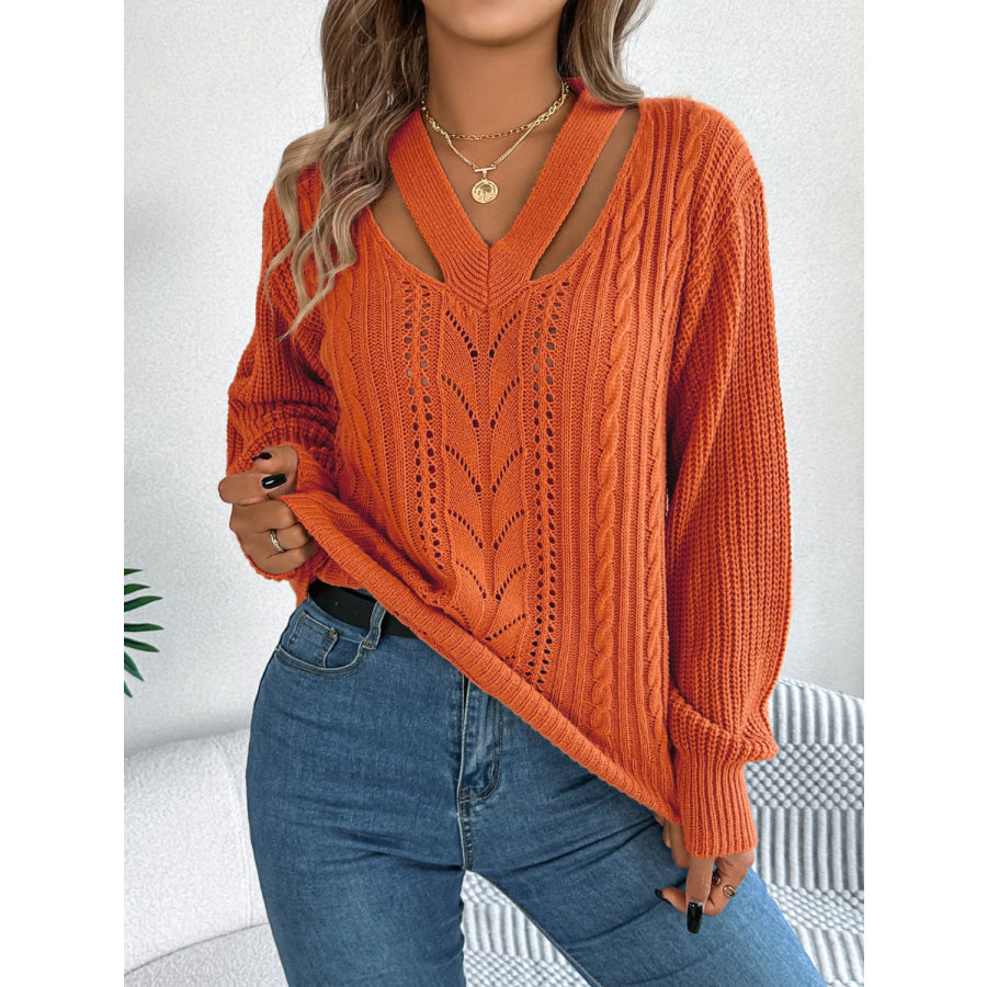 Cutout V-Neck Long Sleeve Sweater Terracotta / S Apparel and Accessories