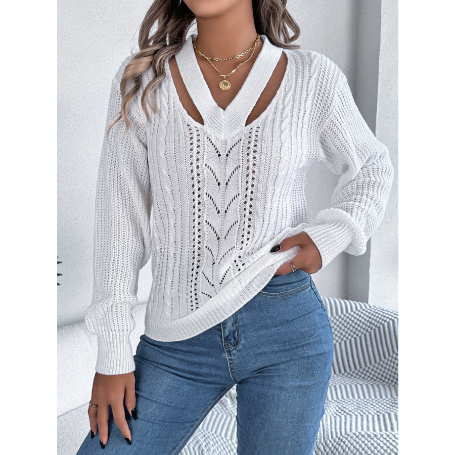 Cutout V-Neck Long Sleeve Sweater White / S Apparel and Accessories