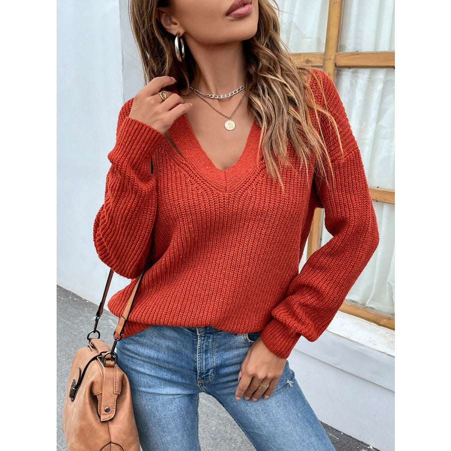 Cutout V-Neck Rib-Knit Sweater Brick Red / S