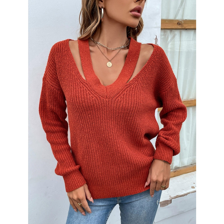 Cutout V-Neck Rib-Knit Sweater