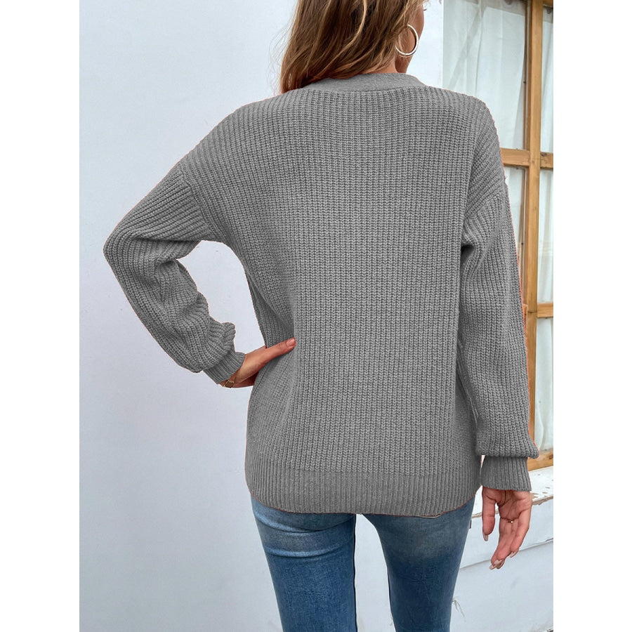 Cutout V-Neck Rib-Knit Sweater