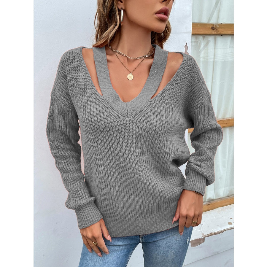 Cutout V-Neck Rib-Knit Sweater