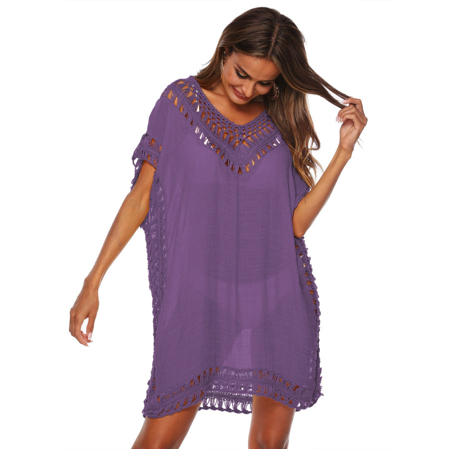 Cutout V - Neck Short Sleeve Cover - Up Apparel and Accessories