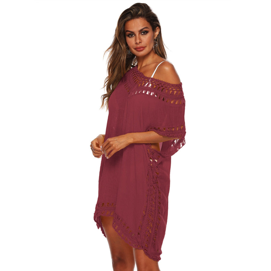 Cutout V - Neck Short Sleeve Cover - Up Apparel and Accessories