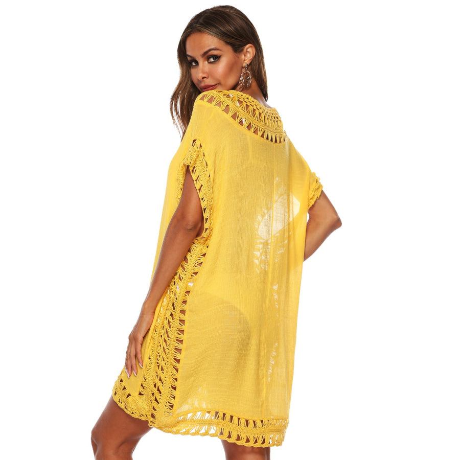 Cutout V - Neck Short Sleeve Cover - Up Apparel and Accessories