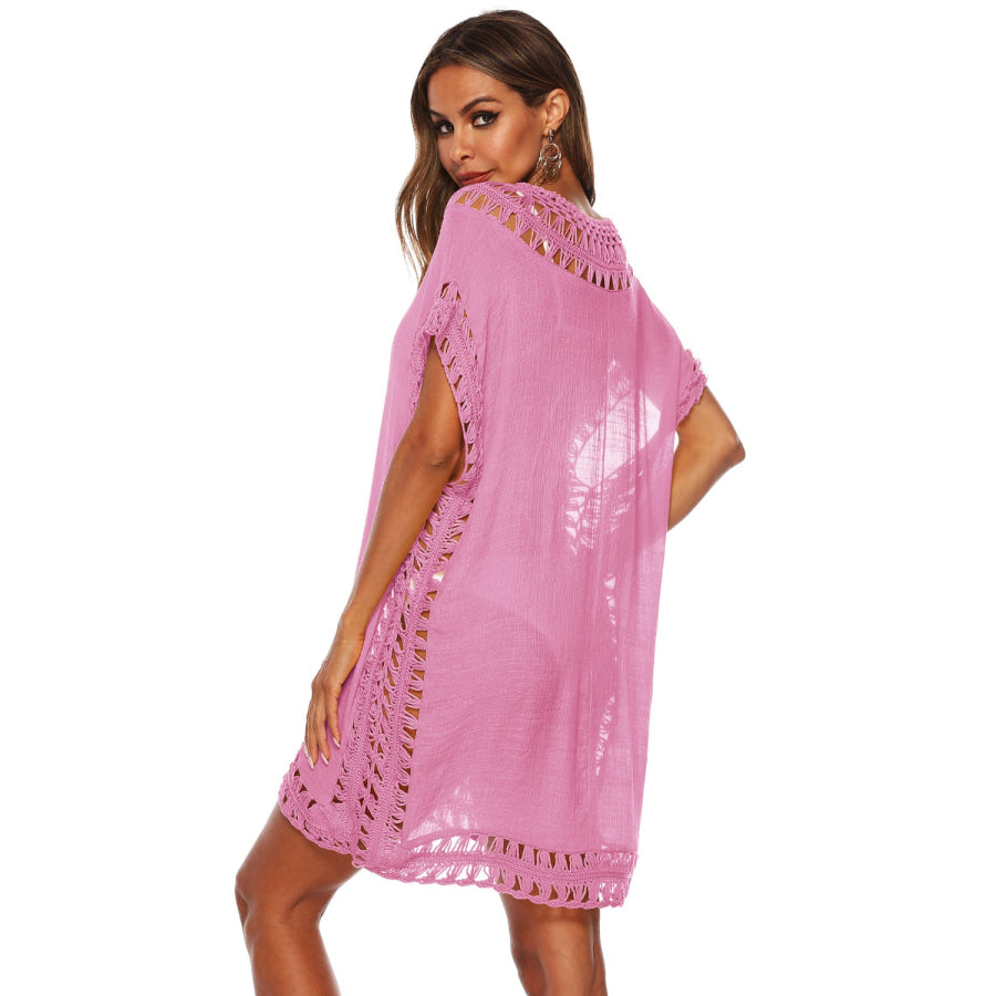 Cutout V - Neck Short Sleeve Cover - Up Apparel and Accessories