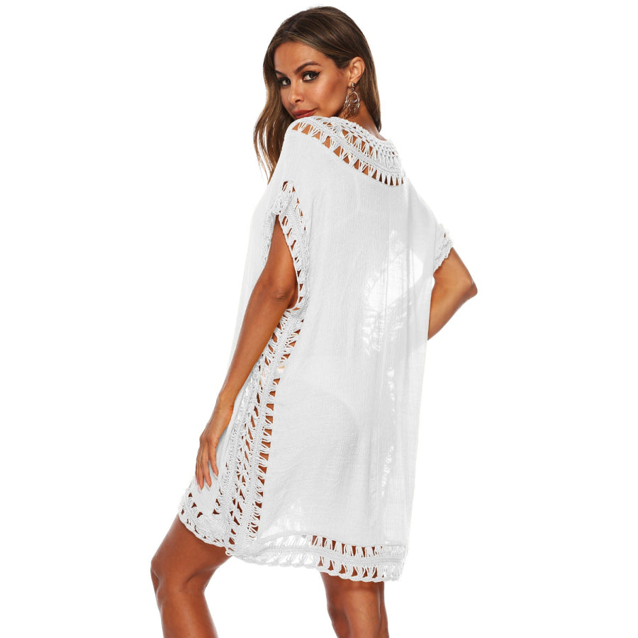 Cutout V - Neck Short Sleeve Cover - Up Apparel and Accessories