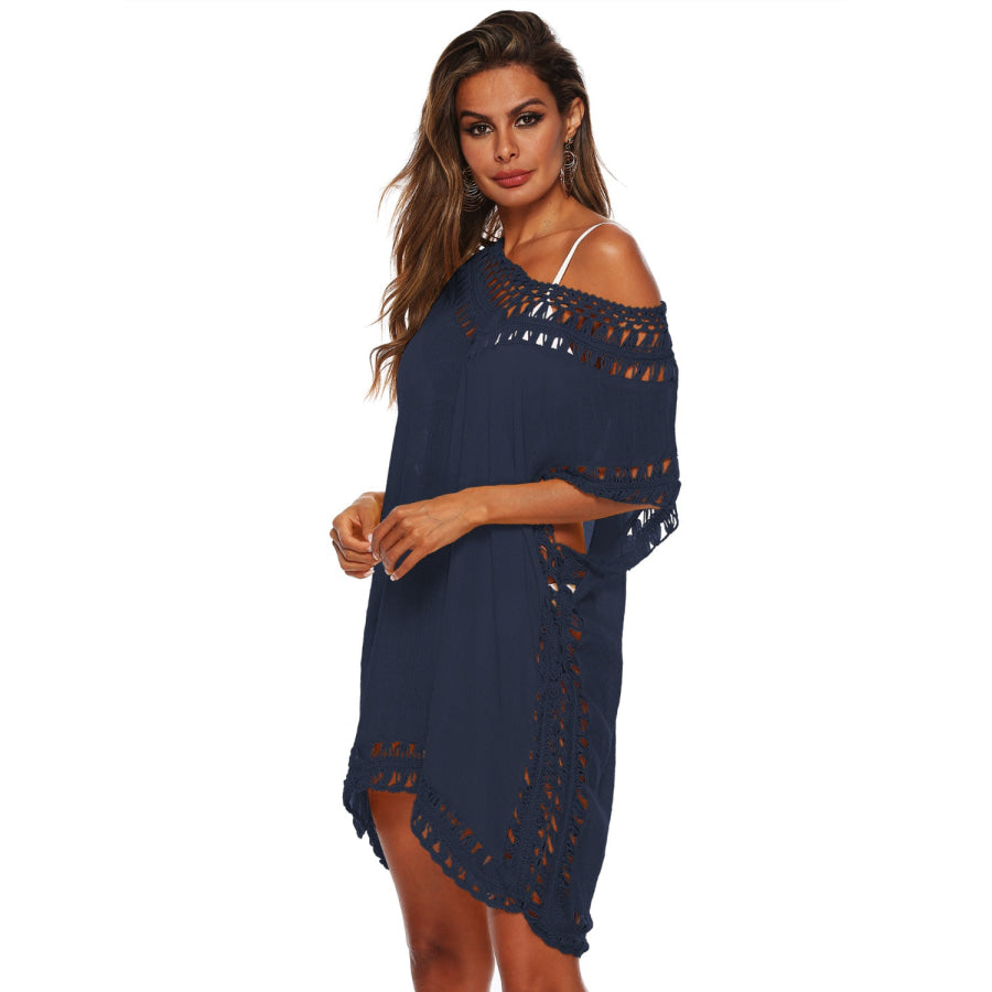 Cutout V - Neck Short Sleeve Cover - Up Apparel and Accessories