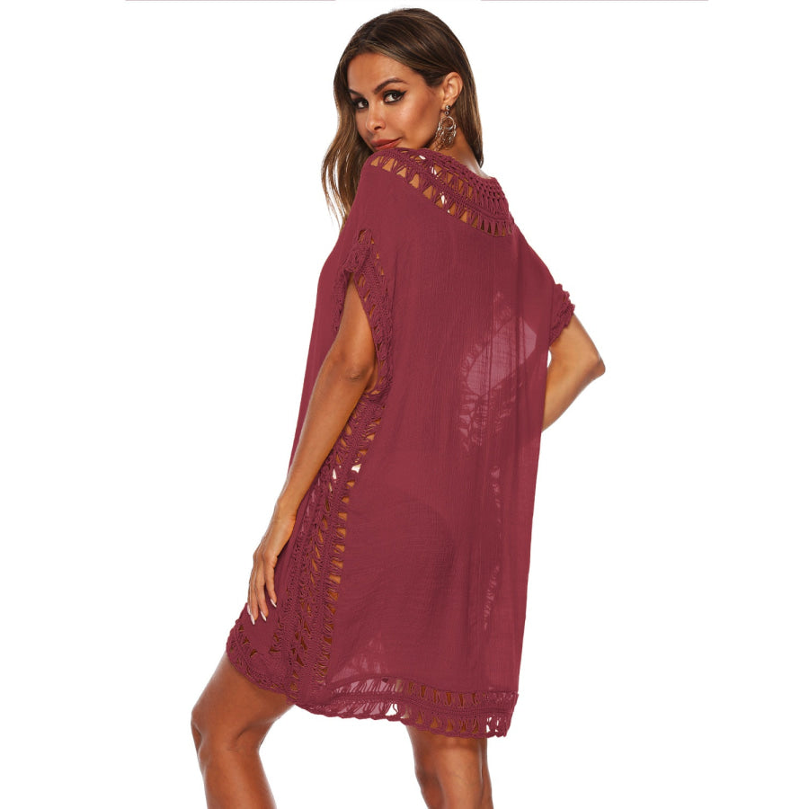Cutout V - Neck Short Sleeve Cover - Up Apparel and Accessories