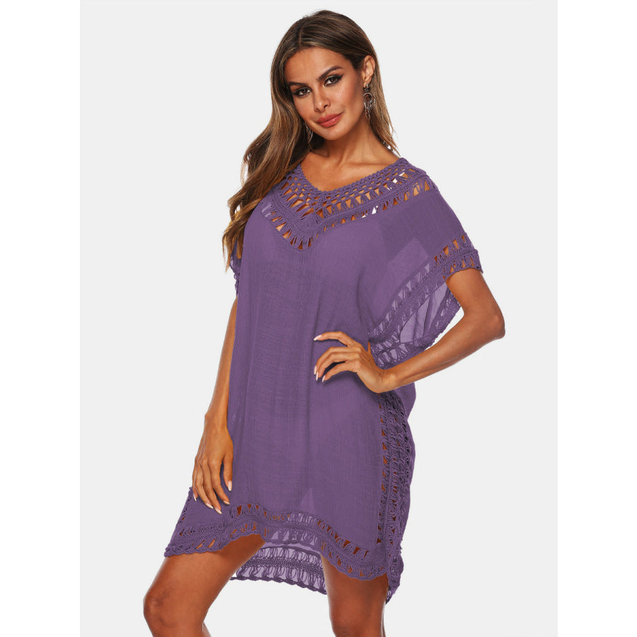 Cutout V - Neck Short Sleeve Cover - Up Dusty Purple / One Size Apparel and Accessories