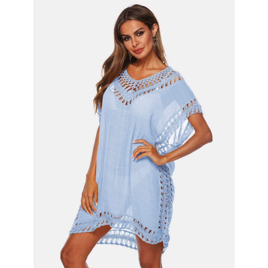 Cutout V - Neck Short Sleeve Cover - Up Misty Blue / One Size Apparel and Accessories