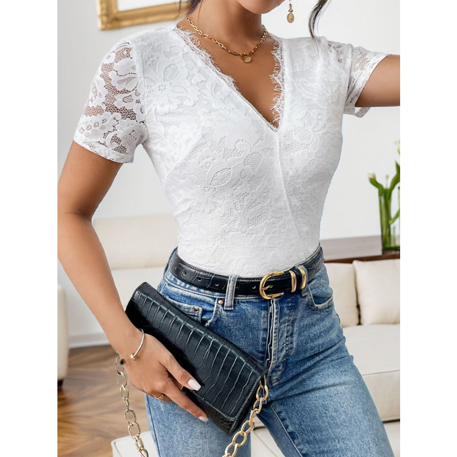 Cutout V - Neck Short Sleeve Lace Bodysuit Apparel and Accessories