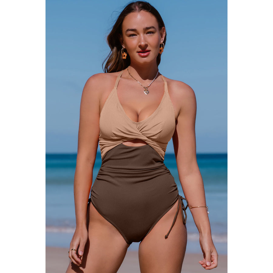 Cutout V-Neck Spaghetti Strap One-Piece Swimwear Dust Storm / S Apparel and Accessories