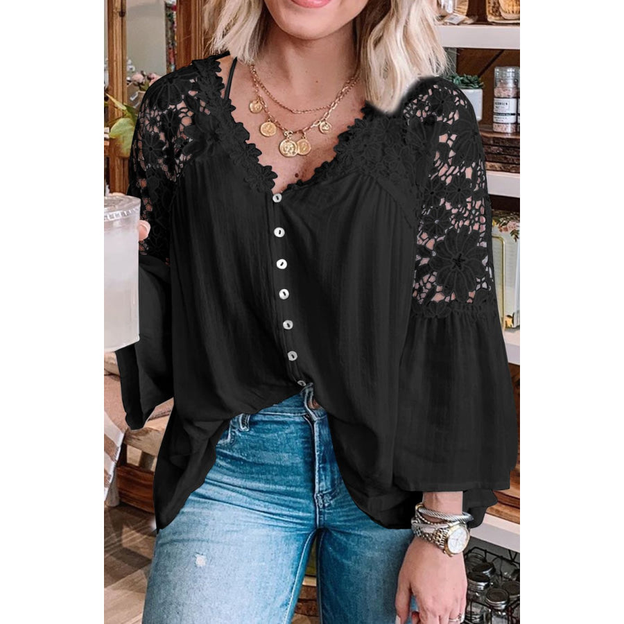 Cutout V-Neck Three-Quarter Sleeve Top Apparel and Accessories