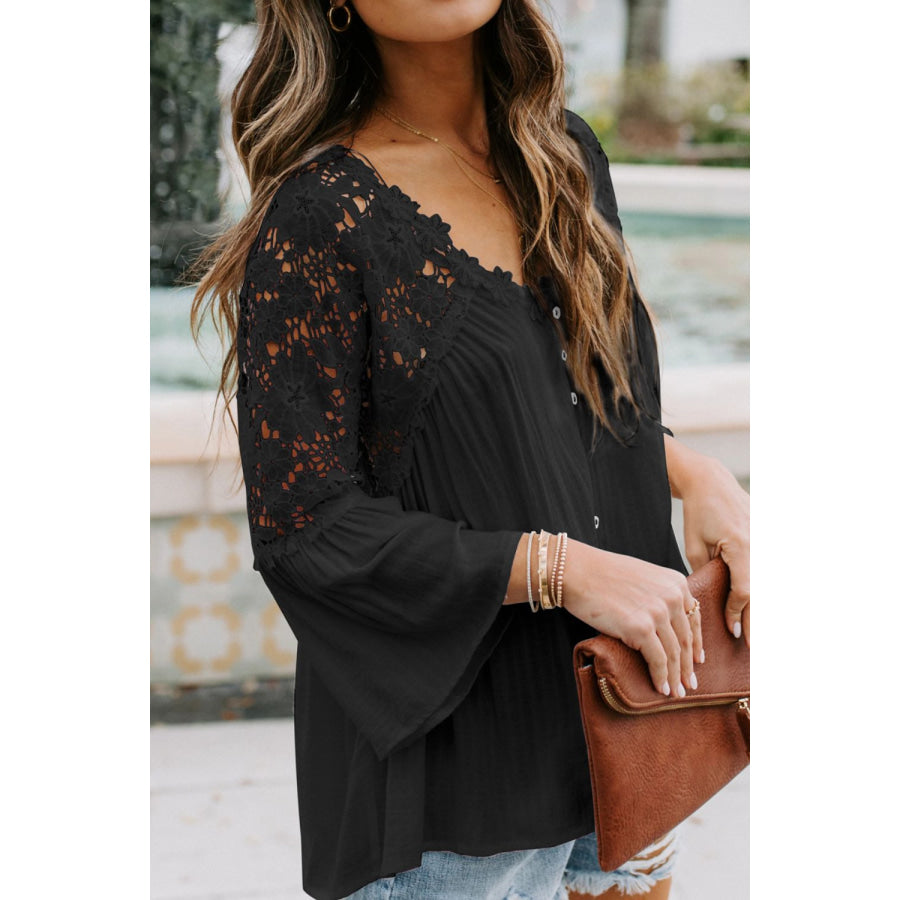 Cutout V-Neck Three-Quarter Sleeve Top Apparel and Accessories