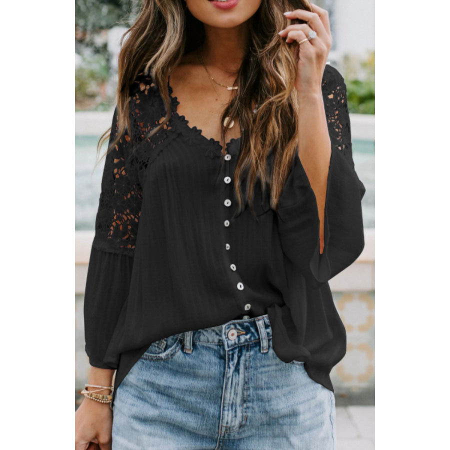 Cutout V-Neck Three-Quarter Sleeve Top Black / S Apparel and Accessories