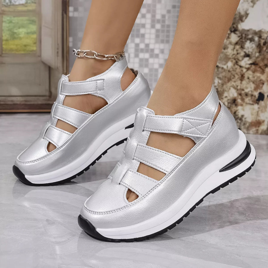 Cutout Wedge Velcro Sandals Brown / 36 Apparel and Accessories