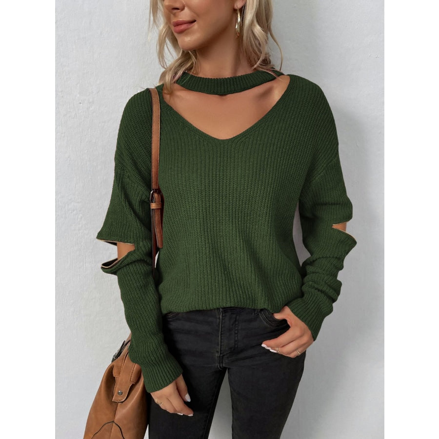 Cutout Zip Detail Sweater Army Green / S