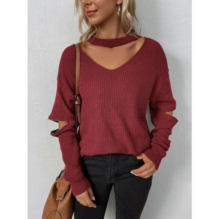 Cutout Zip Detail Sweater Wine / S