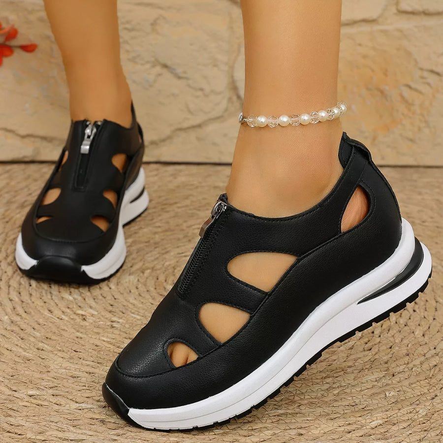 Cutout Zipper Wedge Sneakers Black / 36 Apparel and Accessories