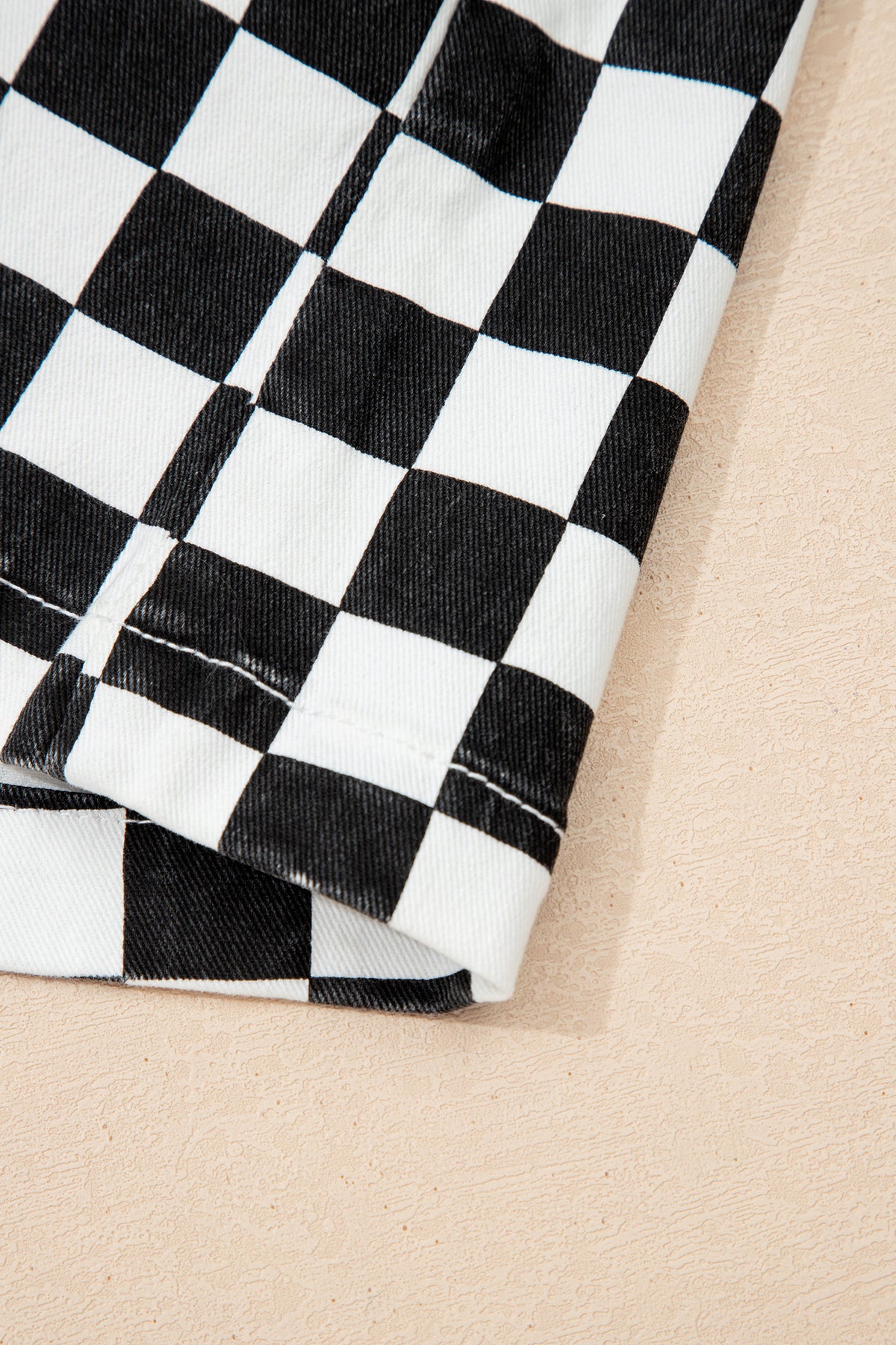 Black Checkered Print Overlap Denim Shorts