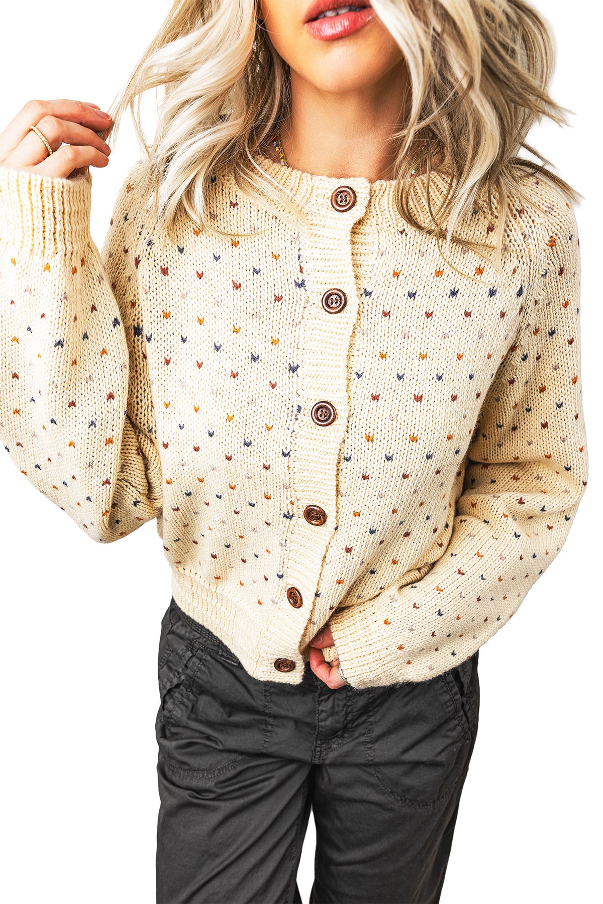 Beige Geometric Print Button Front Long Sleeve Regular Fit Cardigan