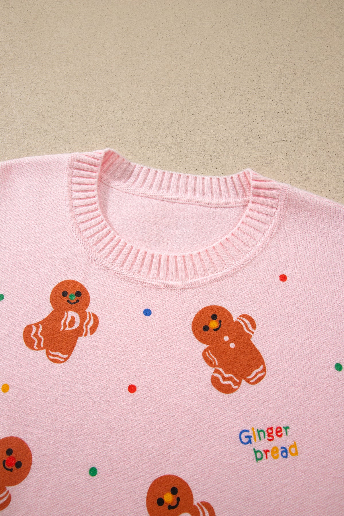 Pink Festive Gingerbread Pattern Long Sleeve Round Neck Sweater