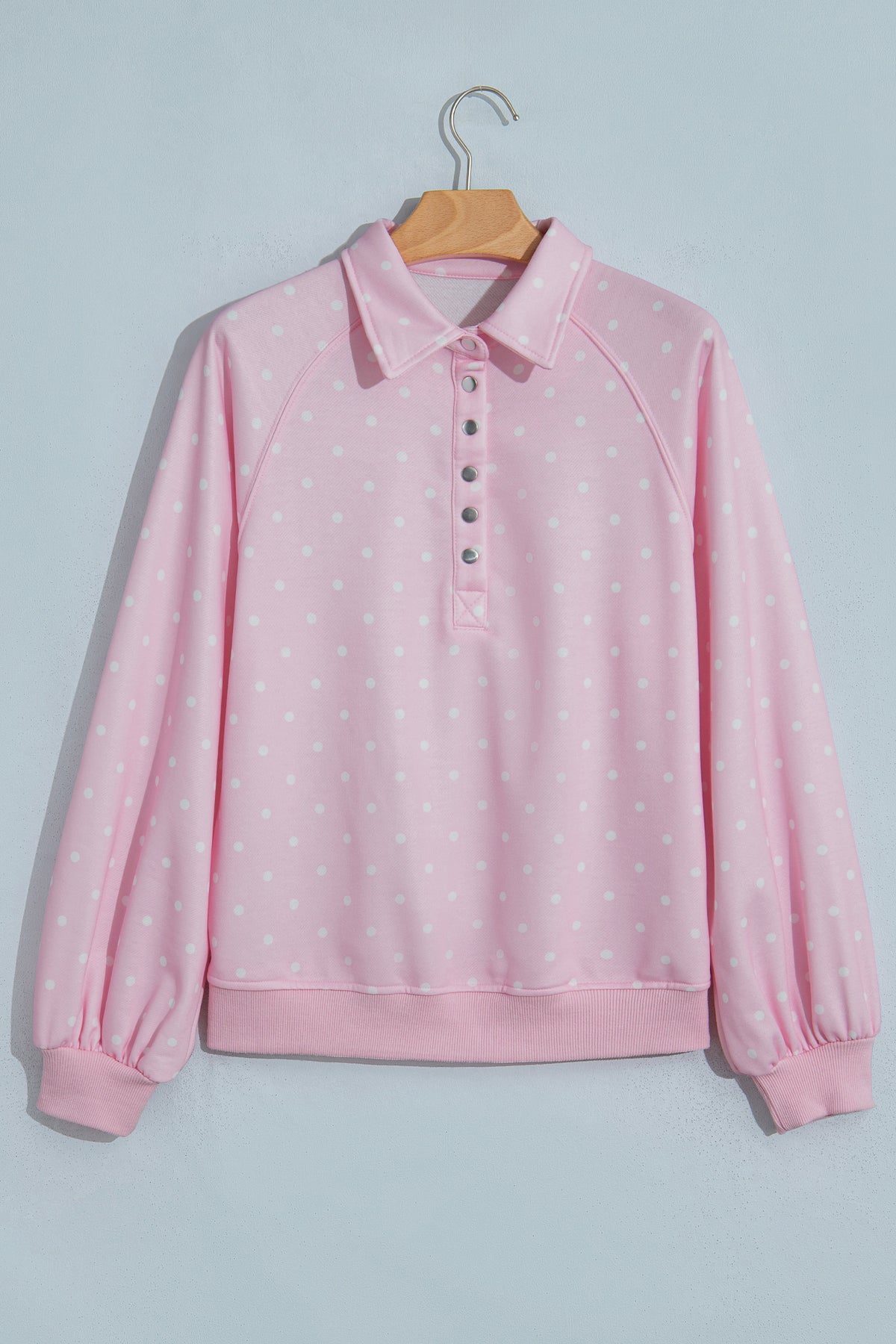 Blue Polka Dot Print Metal Button Collar Casual Pullover Sweatshirt