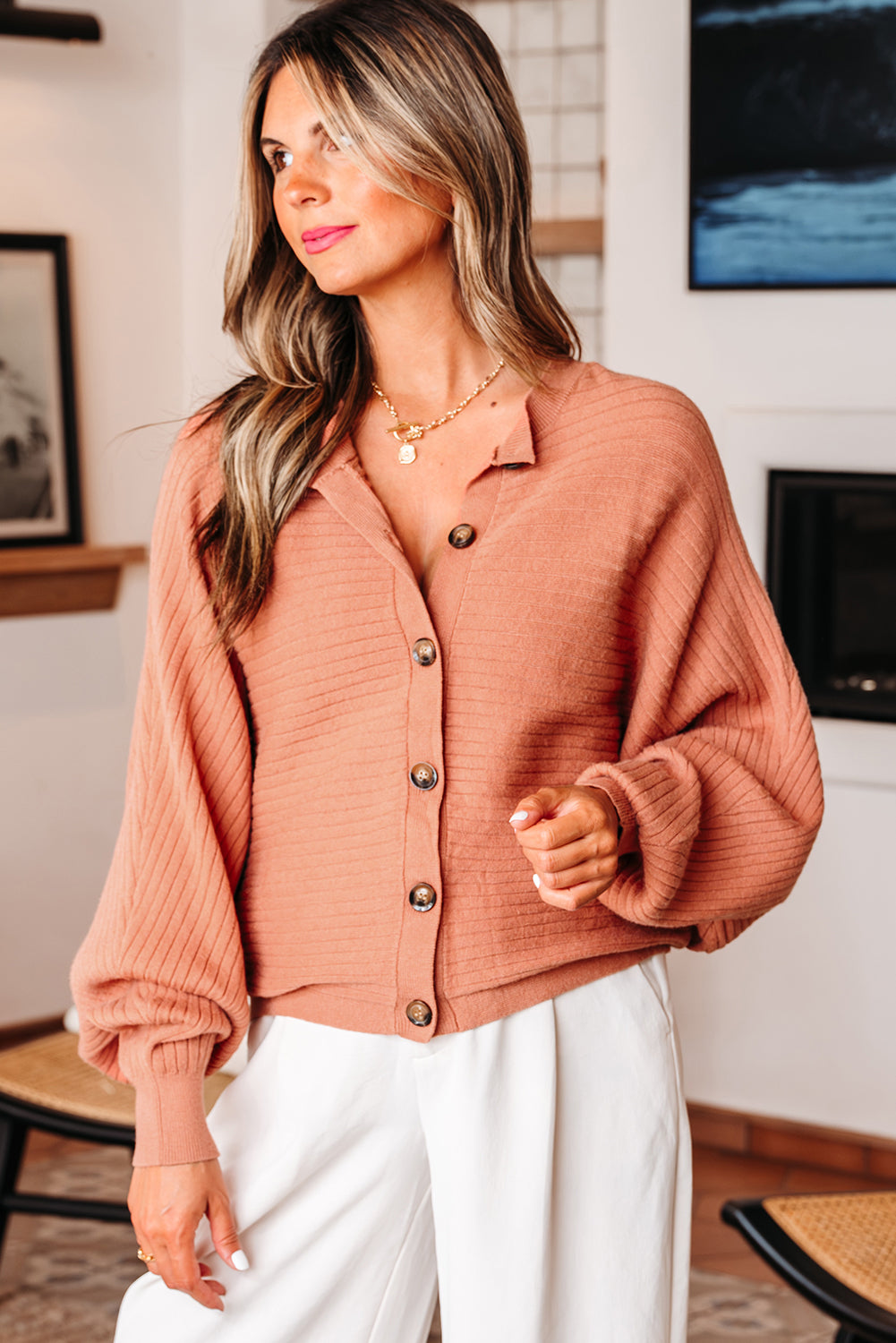 Apricot Pink Wide Rib Knit Button Front Dolman Sleeve Sweater Cardigan